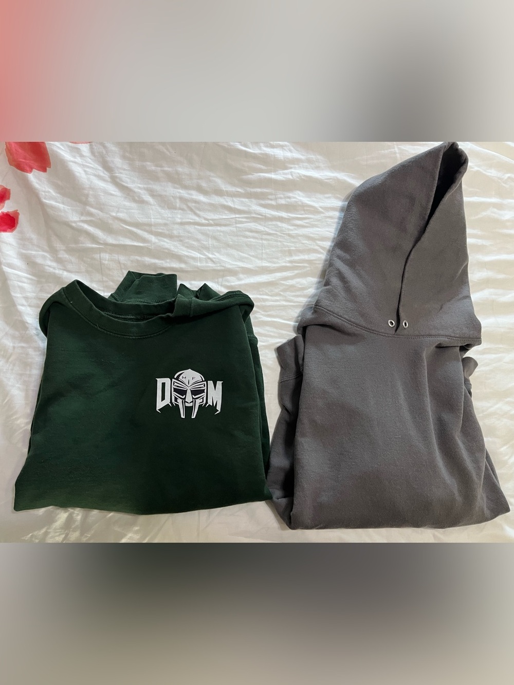 Green Graphic Crewneck Sweatshirt with Doom Logo and Gray Hoodie